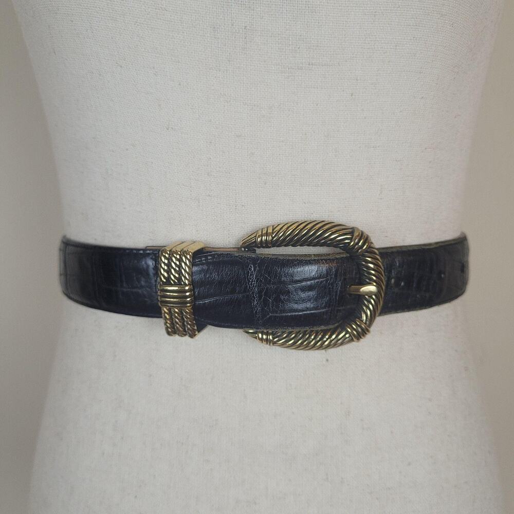 Vintage Brighton Belt Sml Black Leather Textured Rope Buckle Western Cowgirl 90s